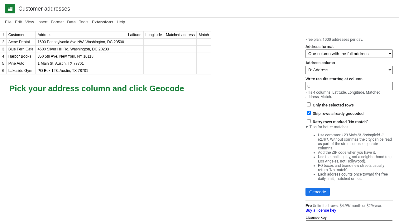 US Address Geocoder before running, with the address column selected