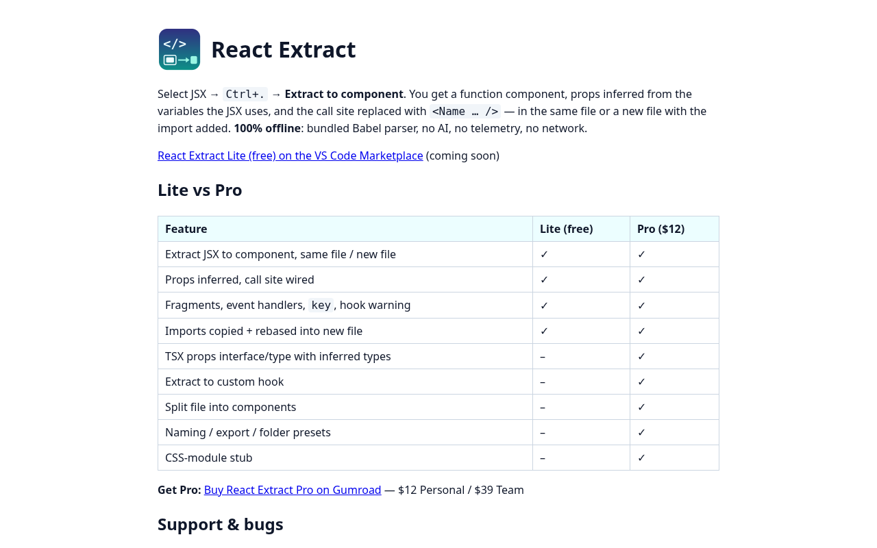 React Extract: extract a JSX selection into a component
