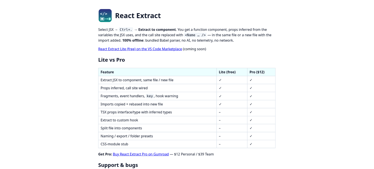 React Extract product page with Lite and Pro
